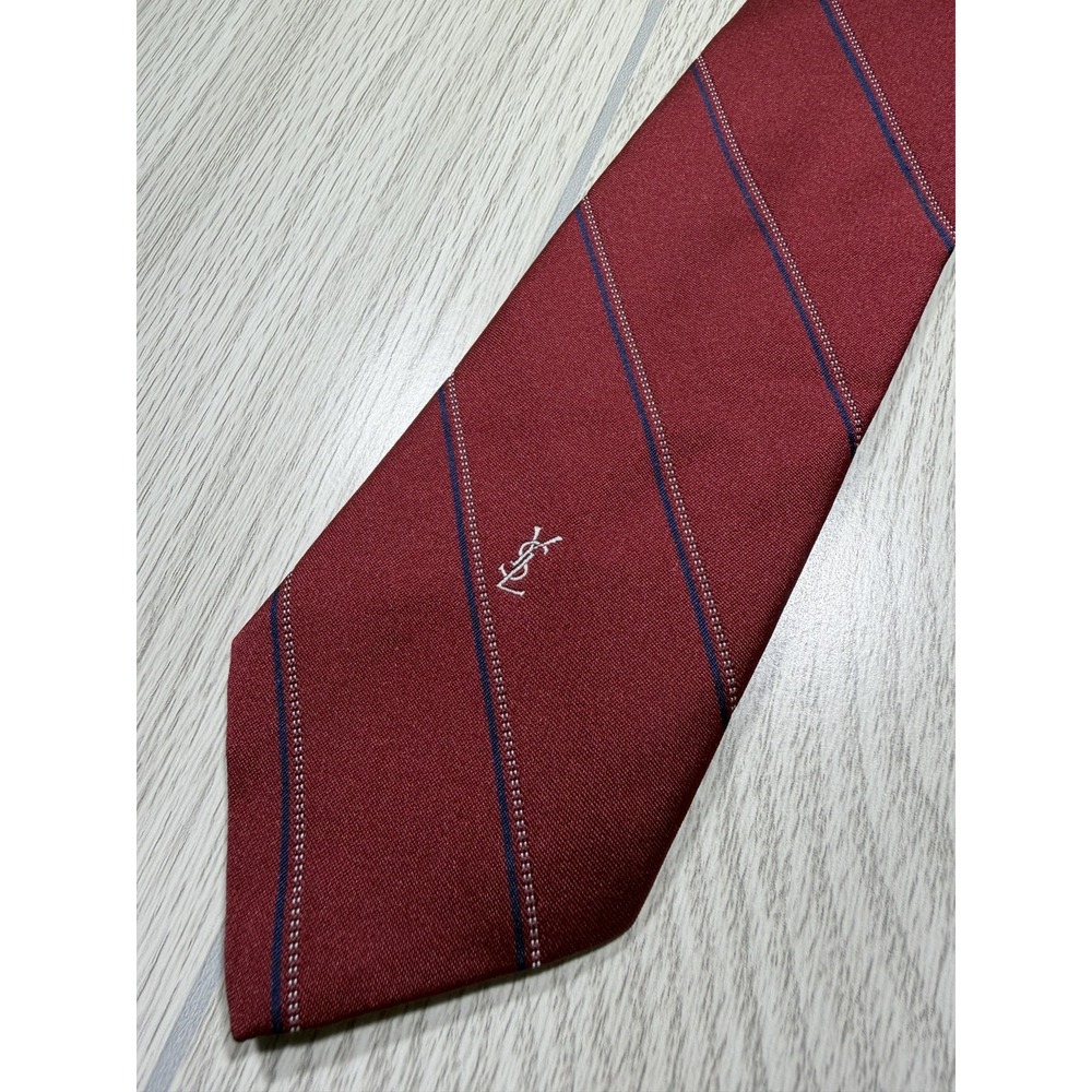 Yves Saint Laurent Tie Mens One Size Red 100% Silk Classic Striped Embroidered